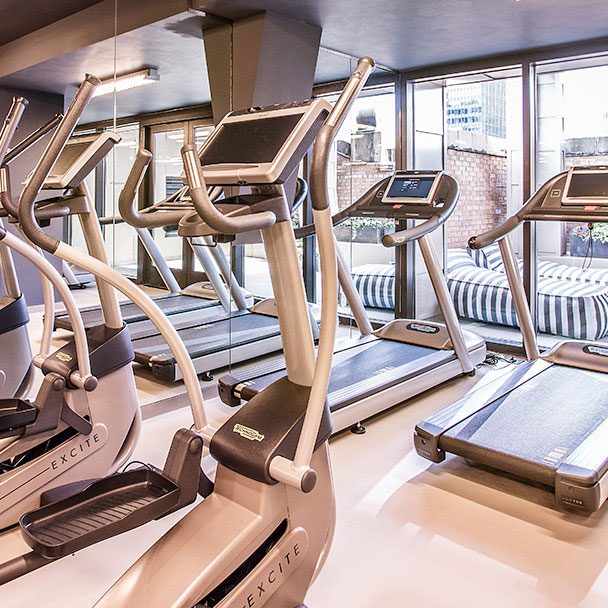 The equipment in the gym with a view outside